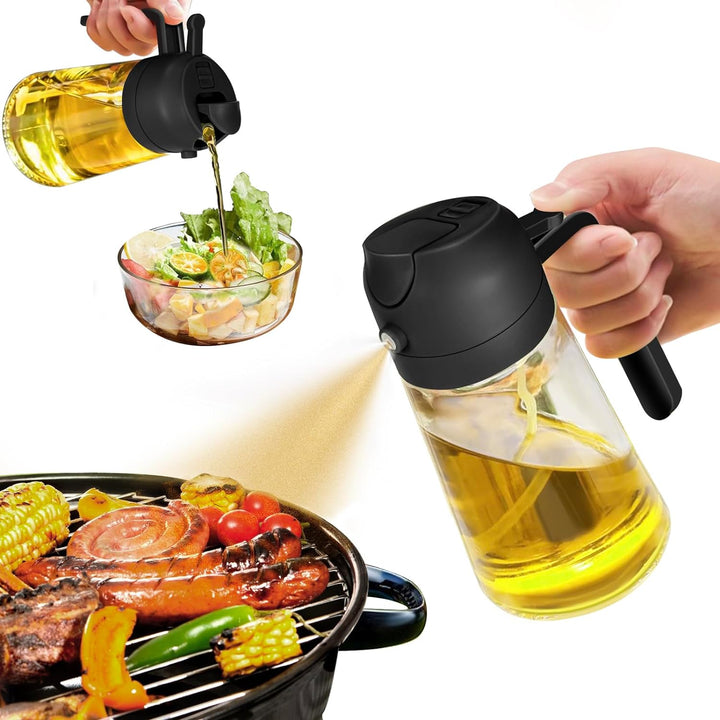 Dual function oil sprayer & pourer in a sleek glass bottle for healthy cooking & food prep.