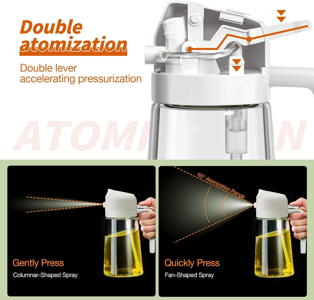 Elegant glass oil bottle with dual sprayer & pourer function, enhancing kitchen food prep.