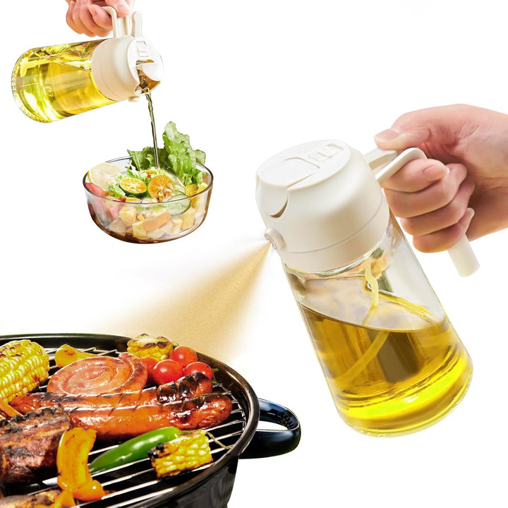 Kitchen oil dispenser: glass bottle with sprayer & pourer, ideal for cooking & healthy eating.
