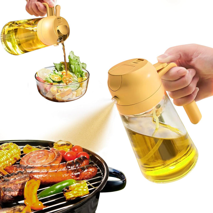 Glass oil sprayer & pourer for healthy cooking. Dual function kitchen gadget for food prep.