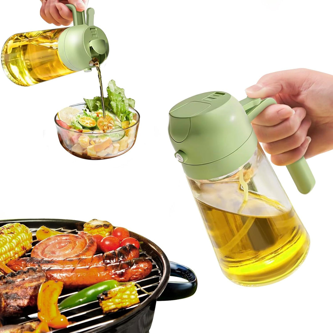 Sleek glass oil bottle with dual function sprayer & pourer. Essential kitchen culinary tool.