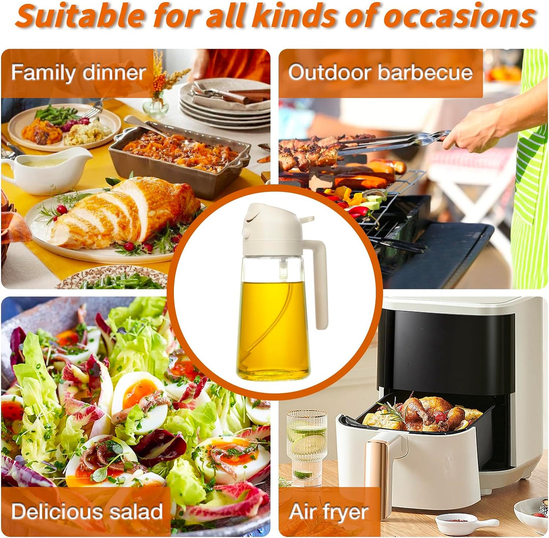 Versatile kitchen oil sprayer & pourer in glass bottle. Perfect for cooking & salad prep.