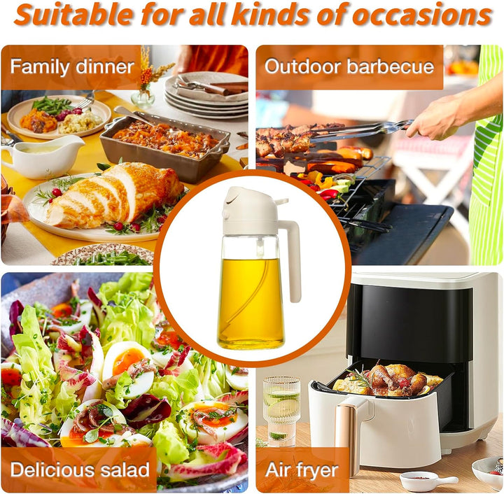 Versatile kitchen oil sprayer & pourer in glass bottle. Perfect for cooking & salad prep.