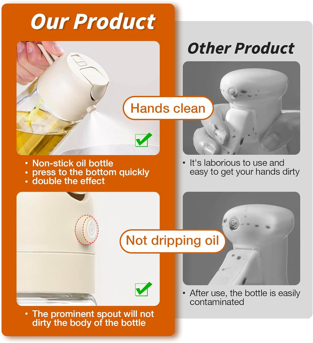 Healthy cooking oil sprayer & pourer. Glass bottle dispenser, a must-have kitchen culinary tool.