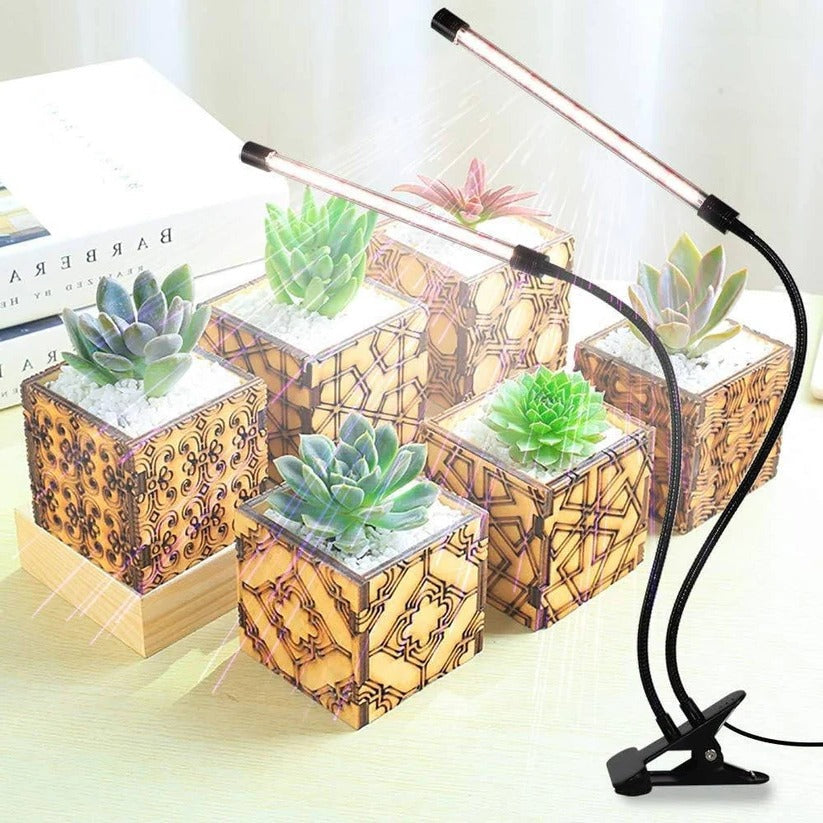 Clip-on dual gooseneck plant grow light with full spectrum LEDs & timer for horticulture.