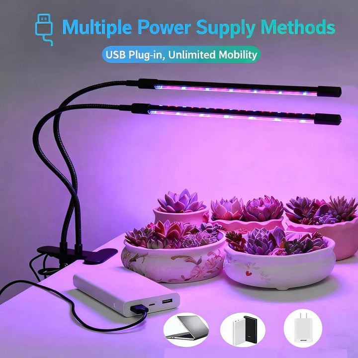 Adjustable dual gooseneck LED grow light with timer, full spectrum for various indoor plants.
