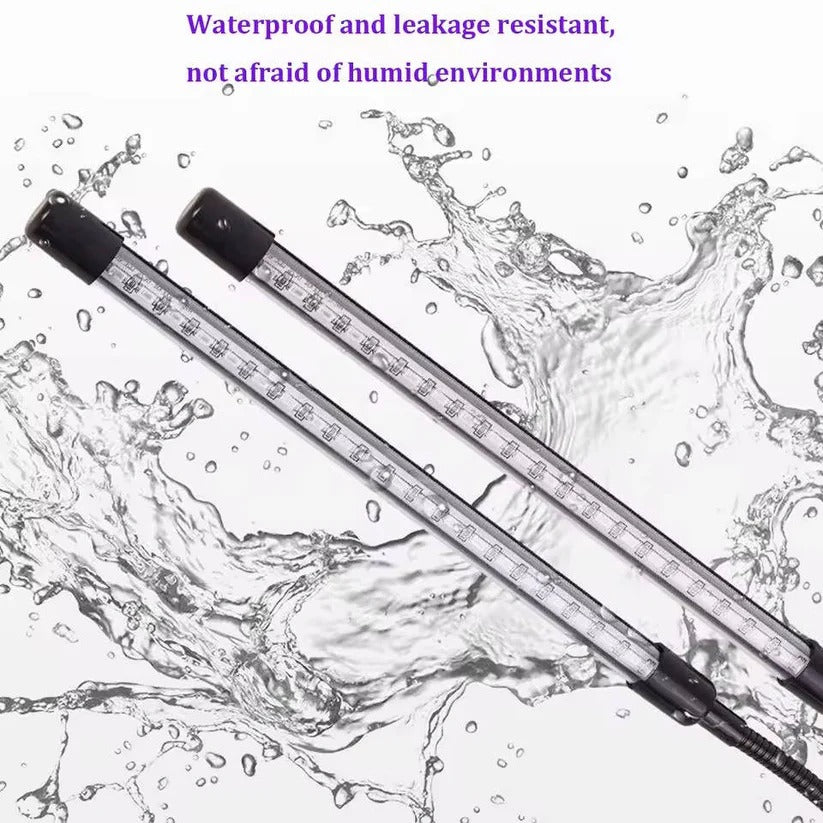 Clip-on LED grow light with timer, full spectrum, dual gooseneck arms for indoor plant care.