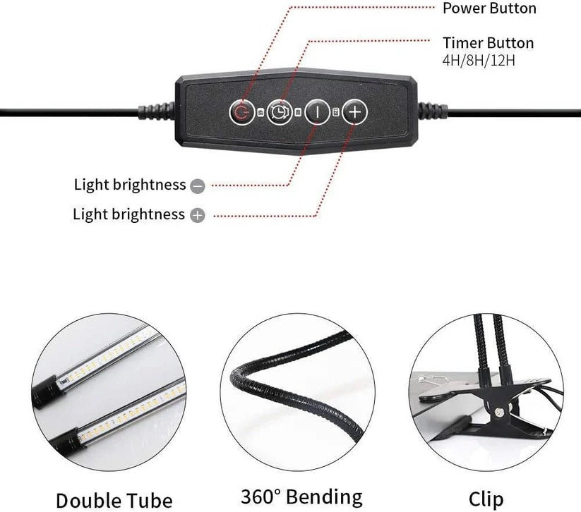 Horticulture grow light with flexible gooseneck arms, timer & full spectrum LEDs for plant growth.
