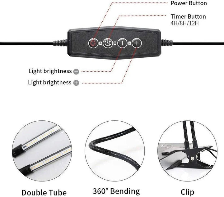 Horticulture grow light with flexible gooseneck arms, timer & full spectrum LEDs for plant growth.
