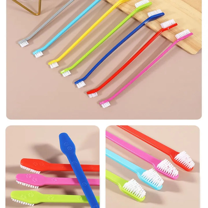 Close-up of a dual-head pet toothbrush from a multi-pack, vital for animal oral health care