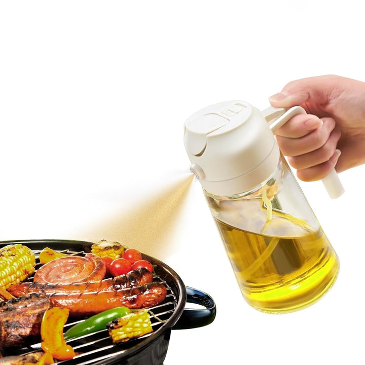 Dual mode 16 fl oz oil dispenser & sprayer for healthy cooking oil distribution.