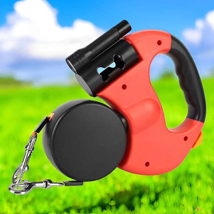 Dual retractable dog leash with built-in flashlight, tangle-free design for two pets, night walking safety