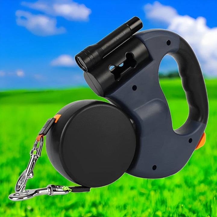 Pet owner using a Dual Ret retractable dog leash with flashlight and waste bag dispenser for evening walk