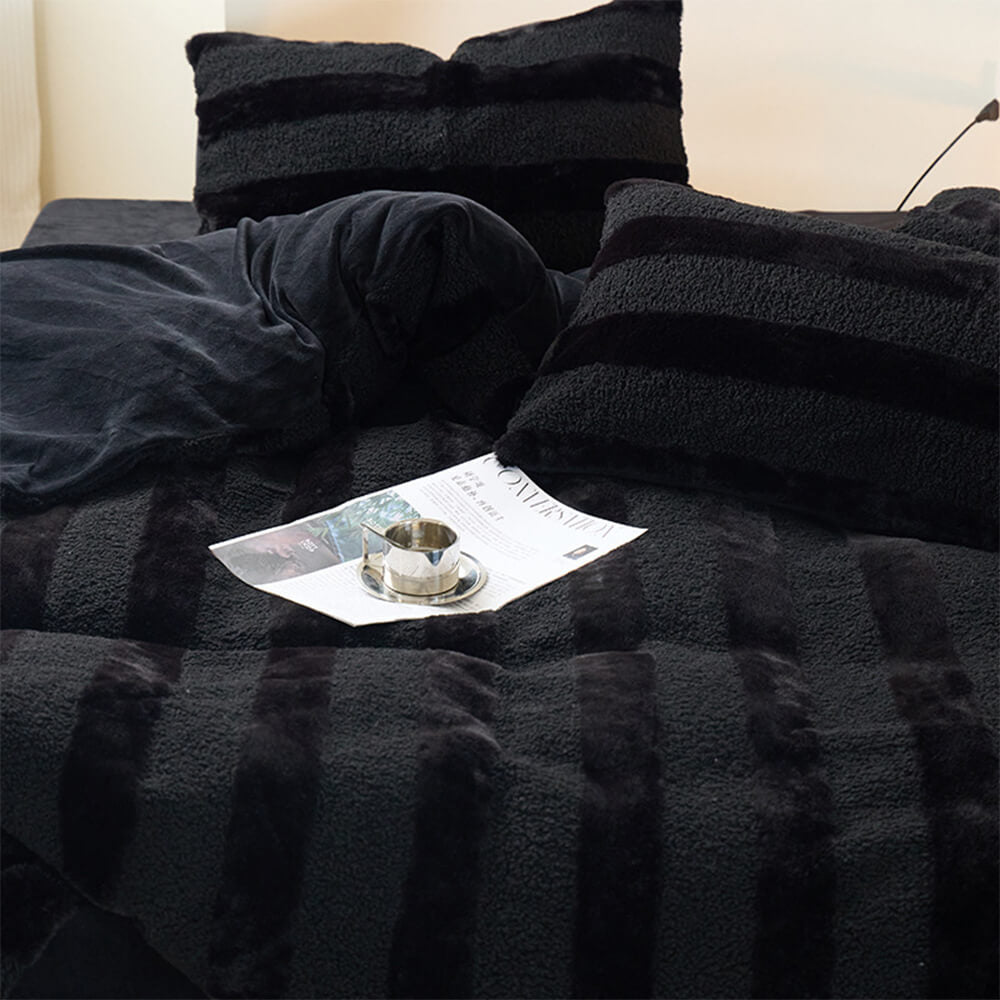 Striped velvet-sherpa sheet set, essential bedding for a cozy and warm bedroom