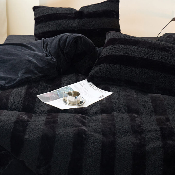 Striped velvet-sherpa sheet set, essential bedding for a cozy and warm bedroom
