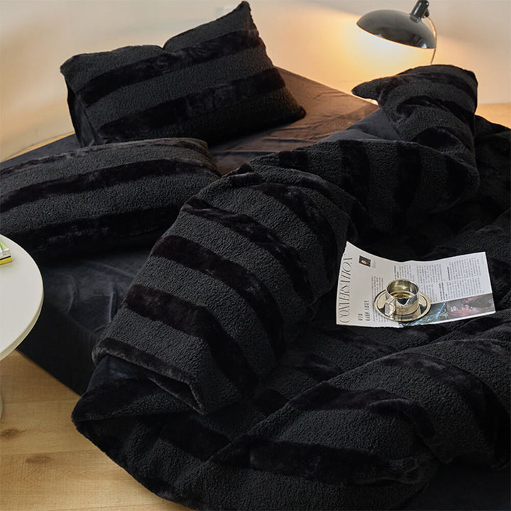 Warm, cozy, striped sheet set with velvet front and sherpa back for cold nights