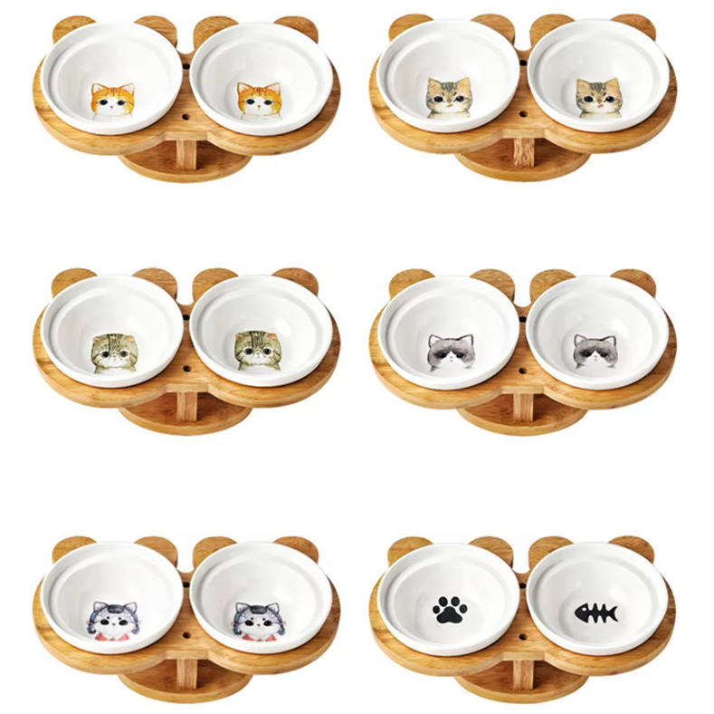White ceramic double cat bowls nestled in an elevated bamboo stand, a premium pet feeding solution.