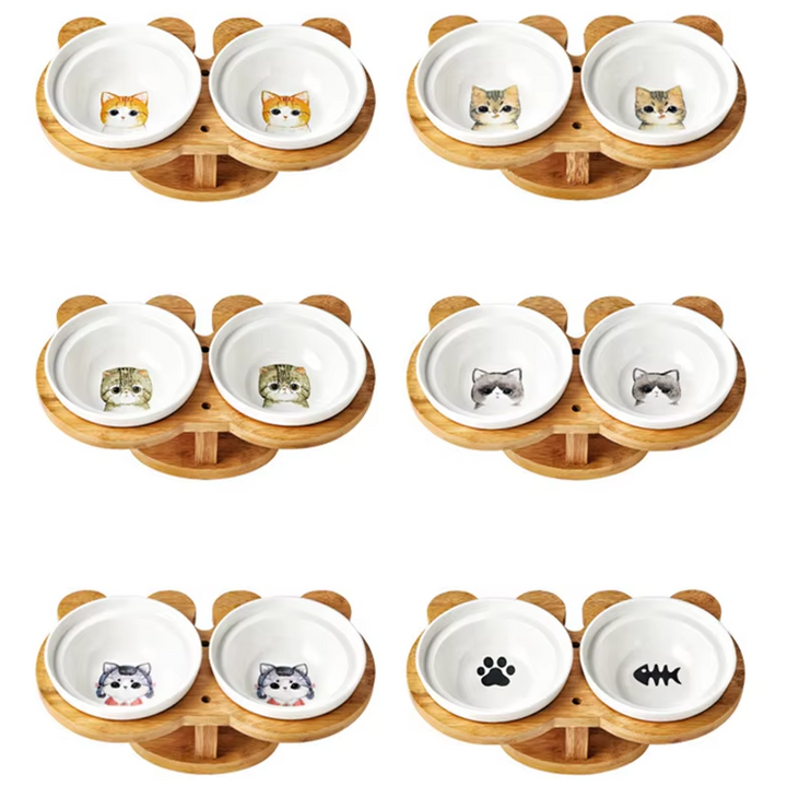 White ceramic double cat bowls nestled in an elevated bamboo stand, a premium pet feeding solution.