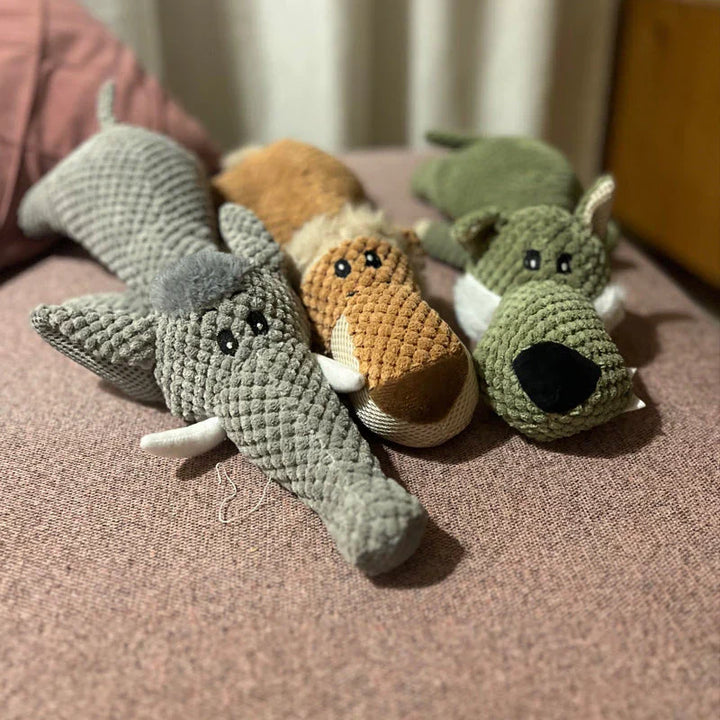 Long-lasting animal-shaped dog chew toy for intense play and pet dental care.