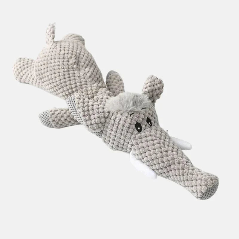 Animal shape dog toy, strong and durable, aids in dog dental health & amusement.
