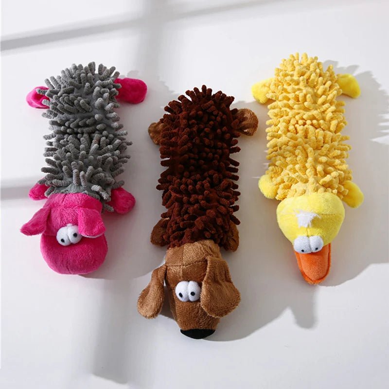 Robust squeaky animal toy for small dogs, designed for lasting chew-time and engaging play.
