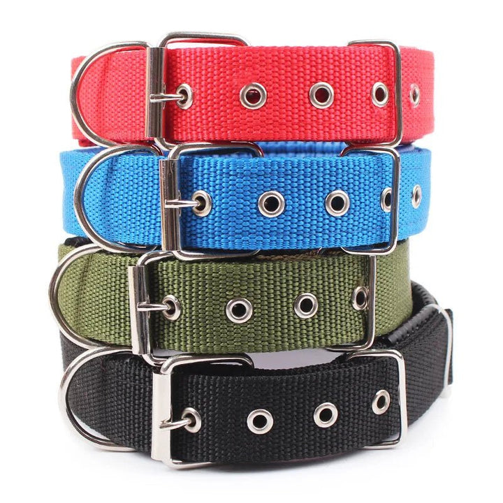 Unisex red nylon dog collar, durable and adjustable for pet walks and outdoor adventures.