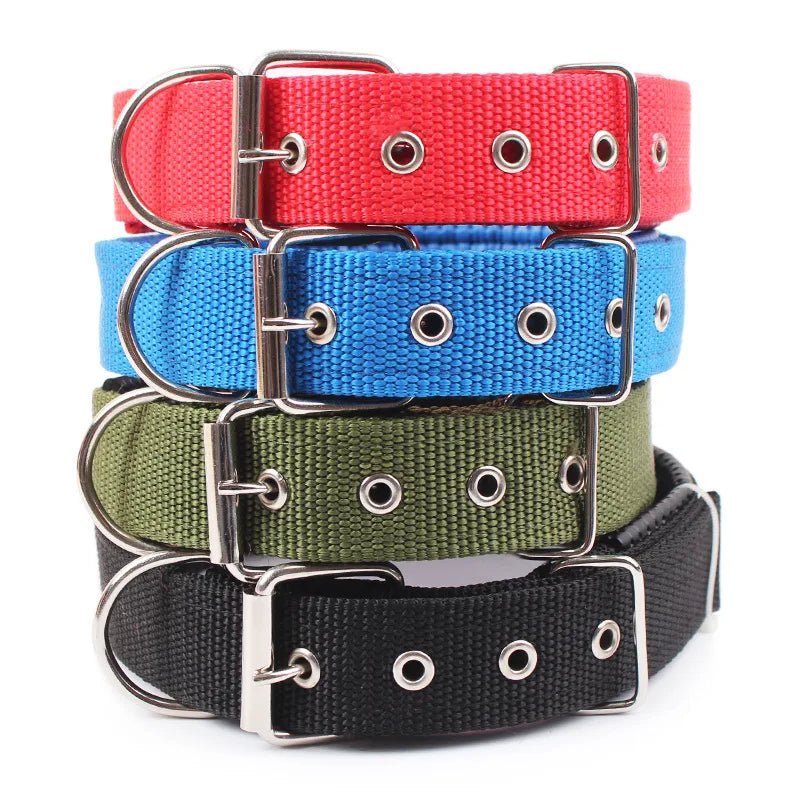 Red adjustable nylon dog collar, strong & comfortable for daily walks; essential pet accessory.