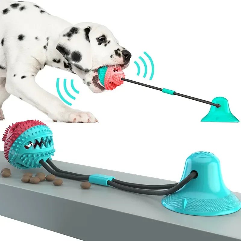 Durable blue interactive chew toy ball for dogs with suction cup, promoting dental health and slow feeding.