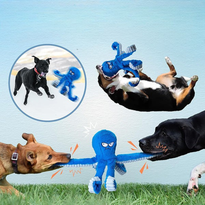 Octopus plush dog toy in vibrant orange, designed for aggressive chewers, washable pet toy