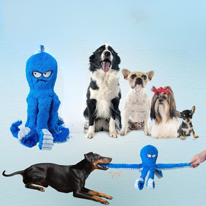 Three durable octopus plush dog toys in different colors, for aggressive chewers, pet play
