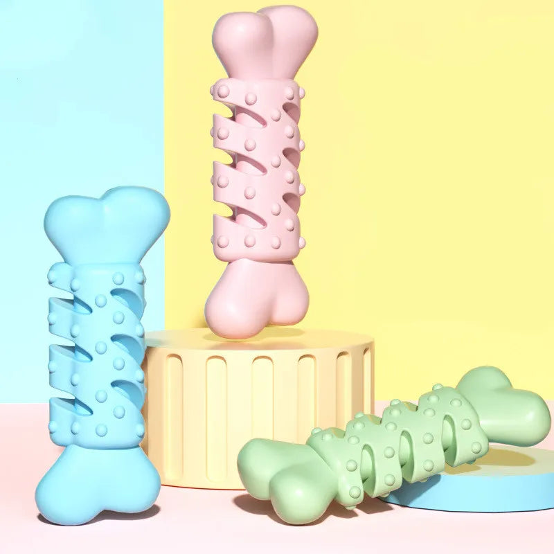 Close-up of a robust bone-shaped dog toy, highlighting its dental cleaning textures for pet health and active dogs.