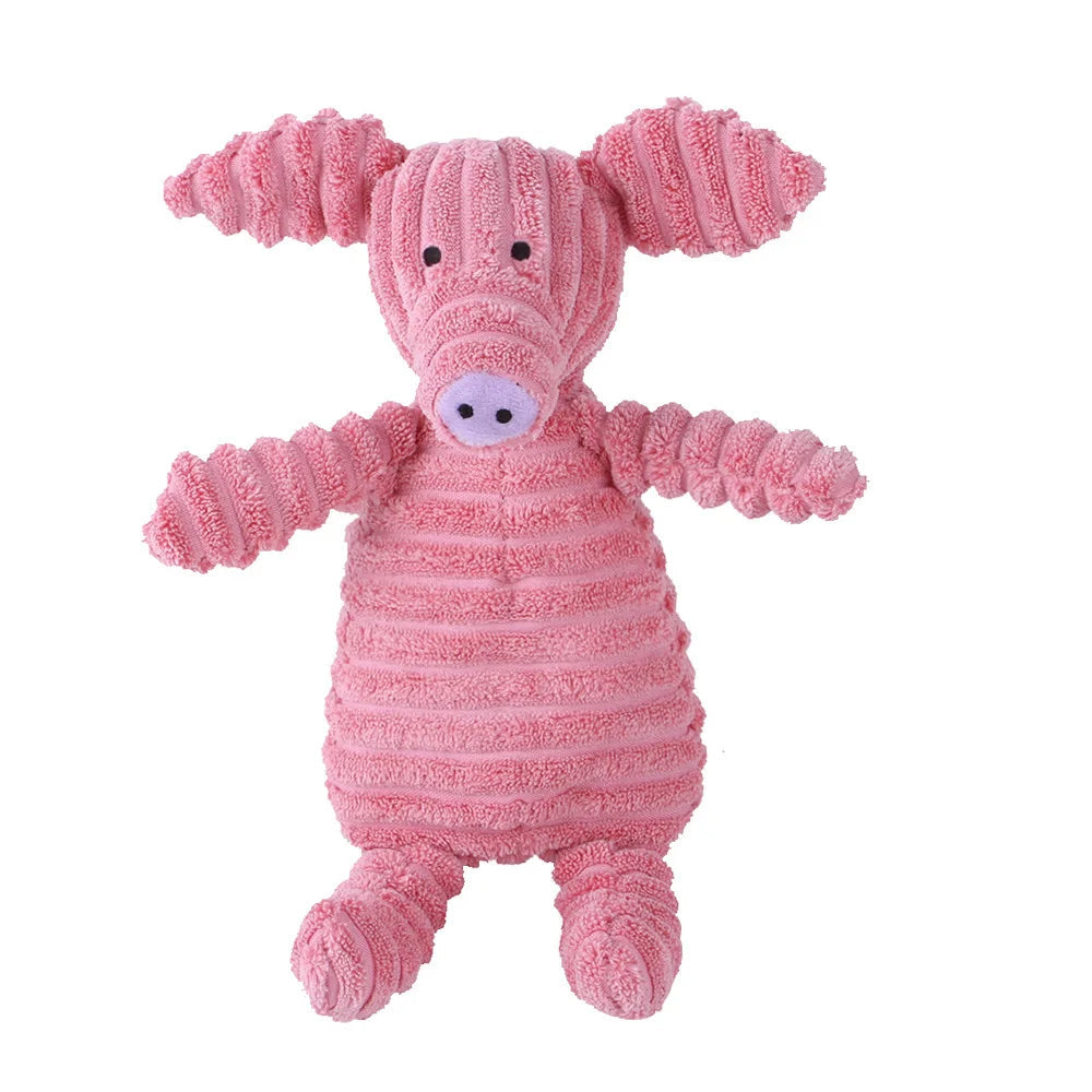 Assorted durable corduroy animal dog toys with squeakers, including elephant and giraffe, for pets