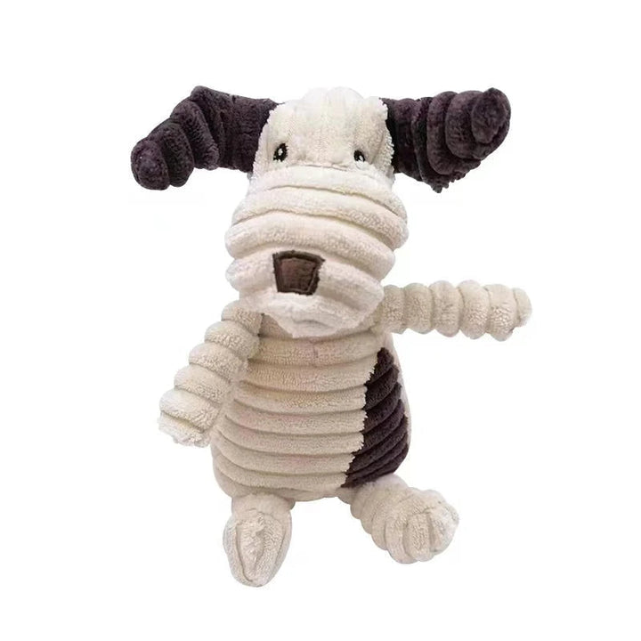 Stack of durable corduroy pet toys with squeakers, ready for exciting dog playtime