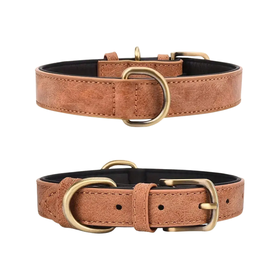 Durable brown leather dog collar with adjustable buckle, classic style
