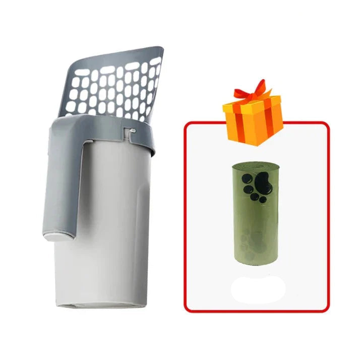 Durable cat litter scoop with integrated waste bag holder, blue ergonomic design for easy cleaning.
