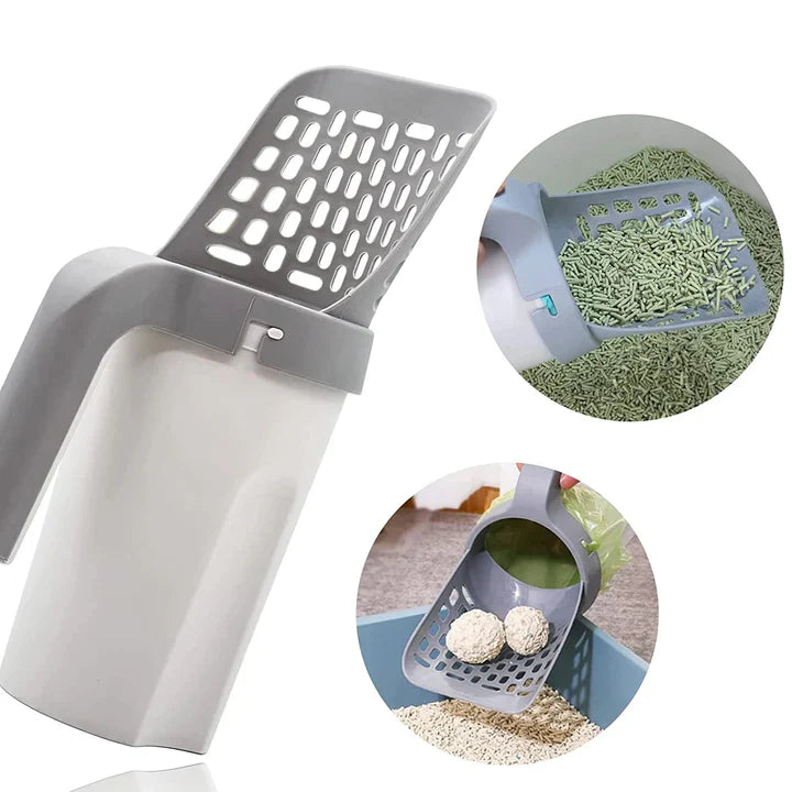 Hygienic pet cleaning tool: cat litter scoop with built-in waste bag dispenser, gray sturdy plastic.