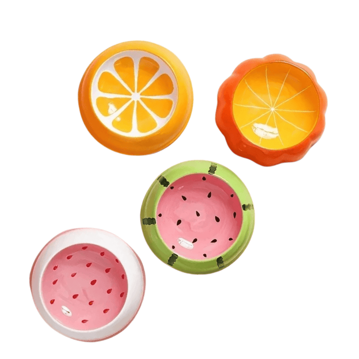 Single ceramic pet bowl with vibrant fruit pattern for small dogs, odor-free feeding