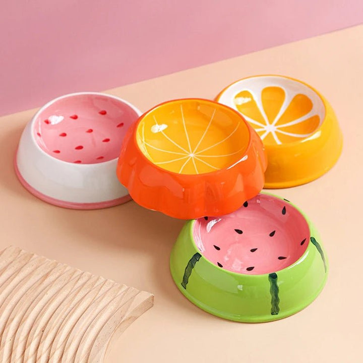 Ceramic cat bowl, fruit design, perfect for small pets, easy to clean feeding dish