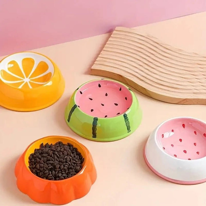 Small pet feeding bowl: ceramic, colorful fruit graphics, ideal for cats & puppies