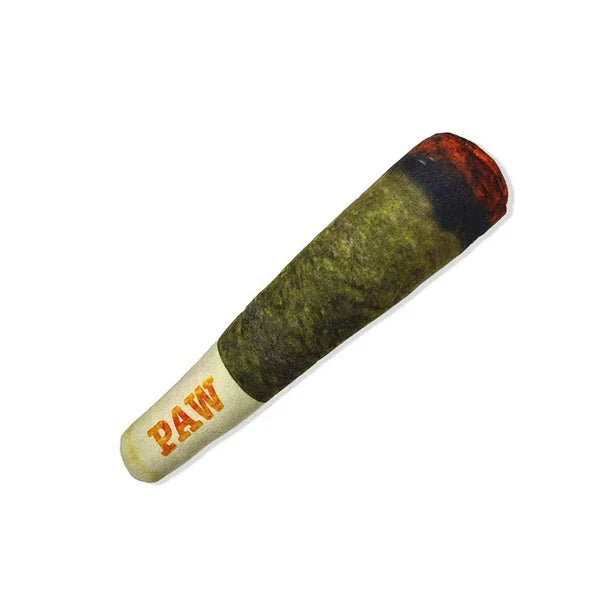 Dog happily playing with a durable plush cigar squeaky toy, a fun pet accessory