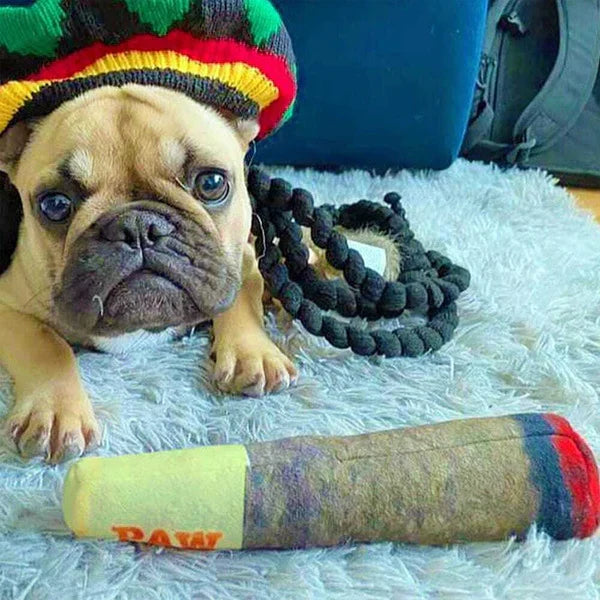 Soft yet tough cigar plush dog toy with built-in squeaker, ideal for aggressive chewers