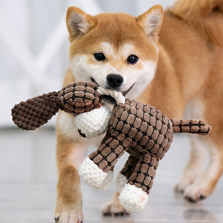 Close-up of tough corduroy dog toy with stitched details, perfect for aggressive chewers