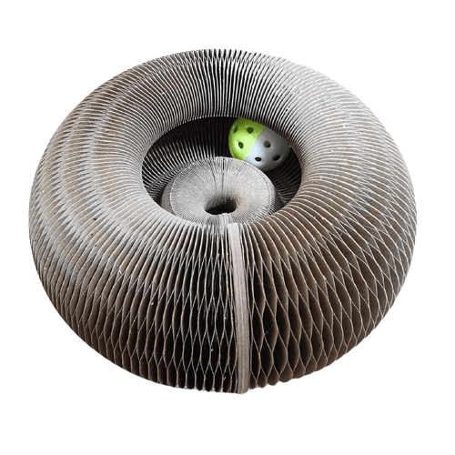 Durable corrugated cat scratch pad protecting furniture, eco-friendly feline enrichment toy for scratching.