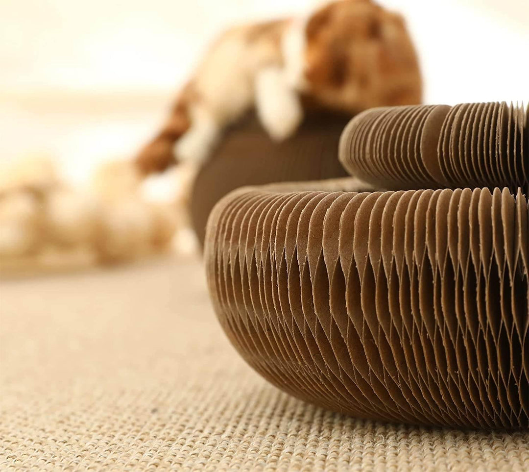 Eco-friendly cat scratch pad, a durable corrugated board pet toy and essential furniture protector.