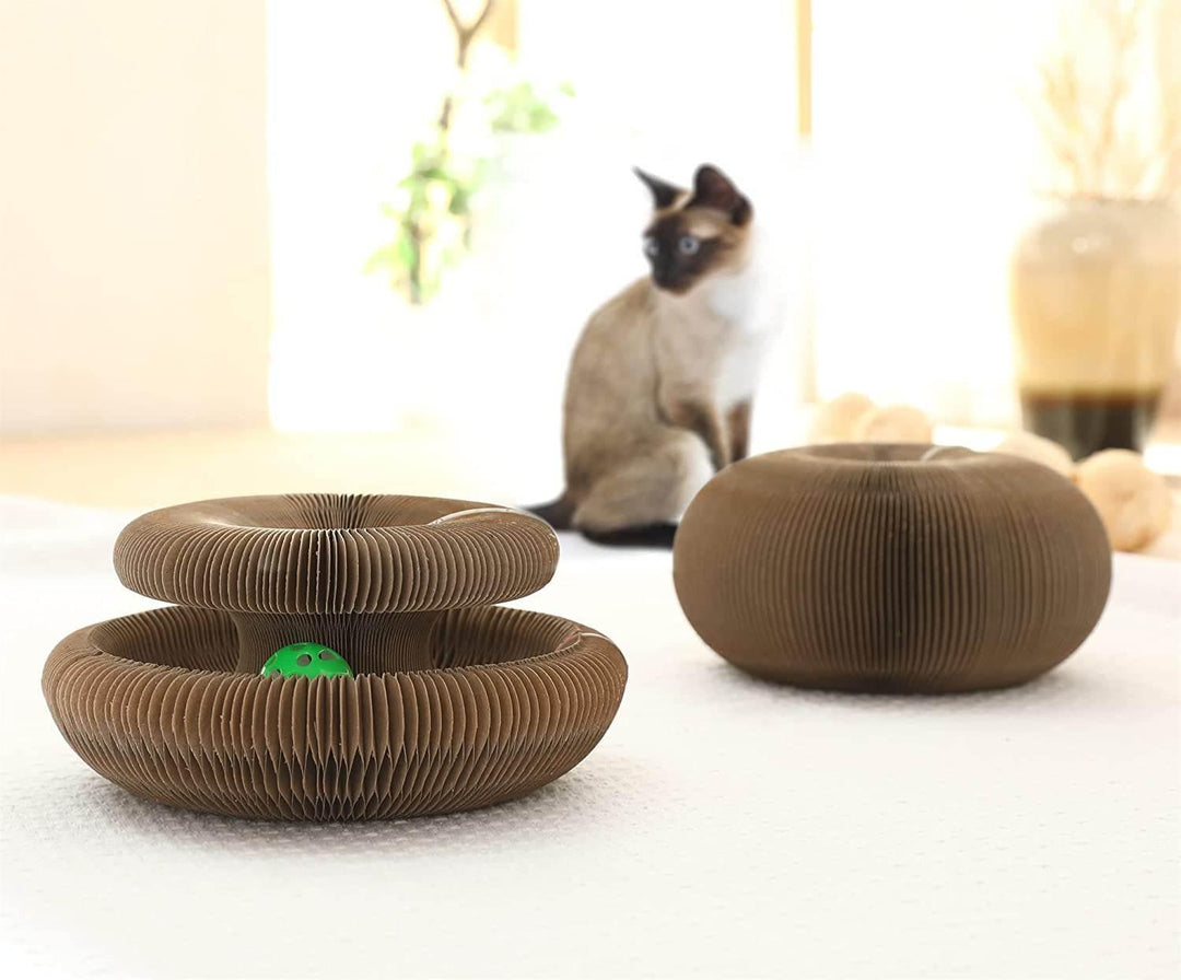 Interactive cat scratcher protecting furniture, made from durable, moldable corrugated board for felines.