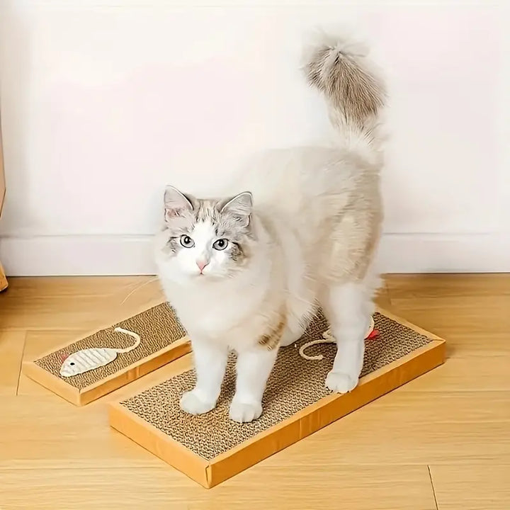 Feline scratching board, a corrugated playmat accessory for cats, diverting scratching from furniture.