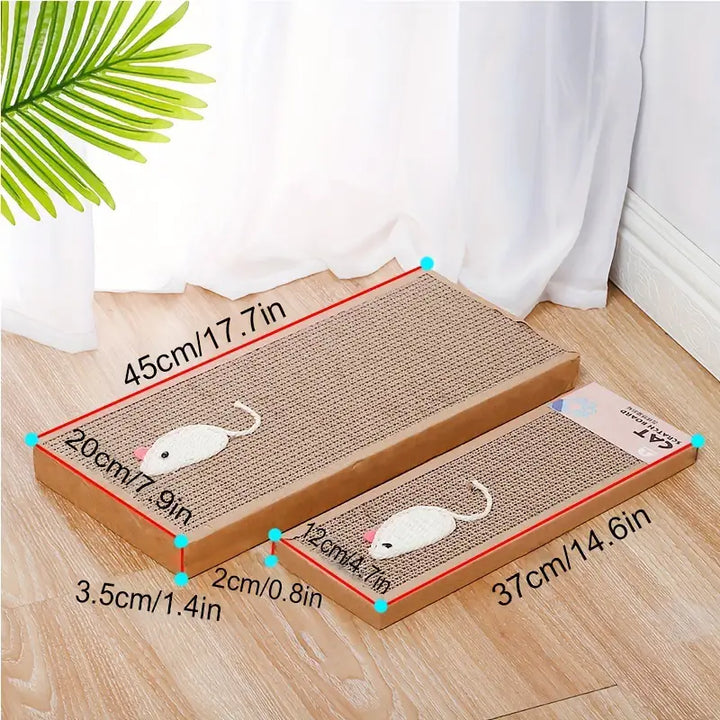 Petcare cat scratching pad, a robust corrugated mat with playful motif, perfect for active cats.