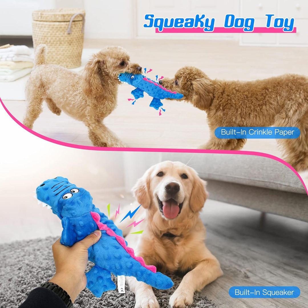 Green crocodile squeaky dog toy, perfect for pet stress relief and dental hygiene.