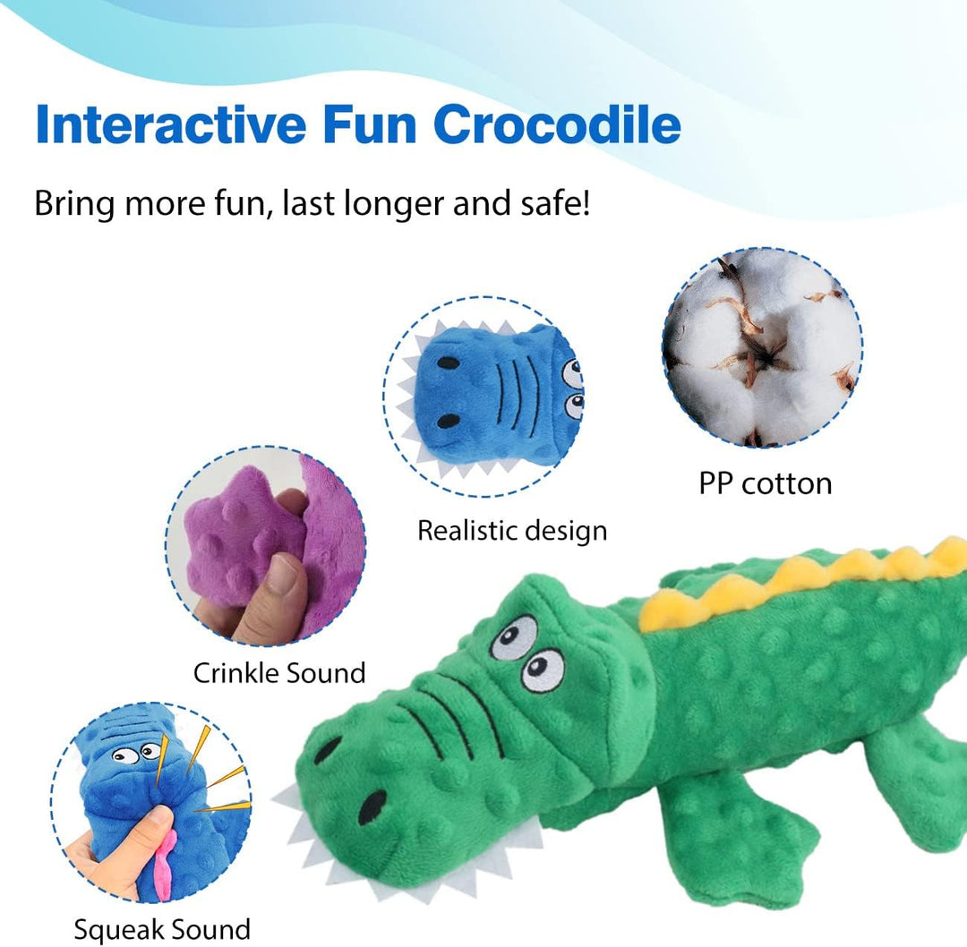 Side view of sturdy green crocodile dog toy, featuring a hidden squeaker and chew-resistant fabric.
