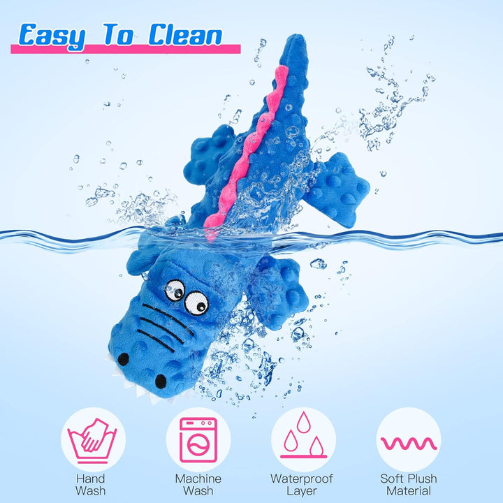 Dog toy designed for hyperactive chewers: green crocodile plush with integrated squeaker & chew guard.